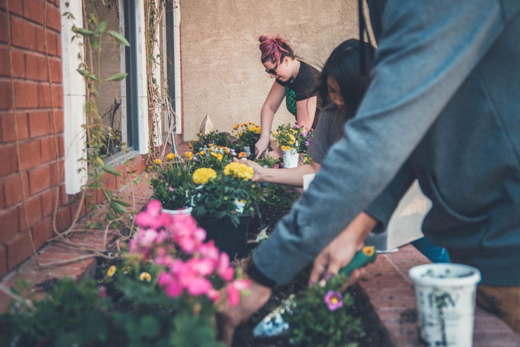 family doing gardening