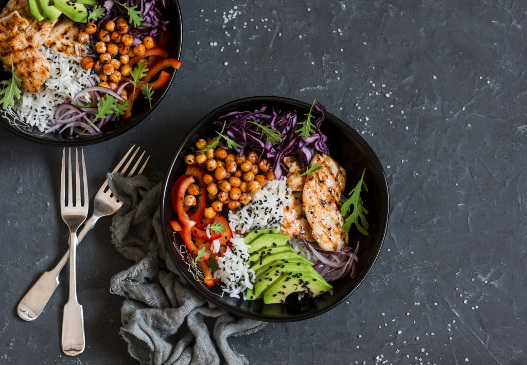 meal with chickpeas and avocados in a bowl