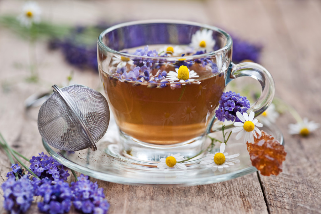 lavender and chamomile tea in small glass