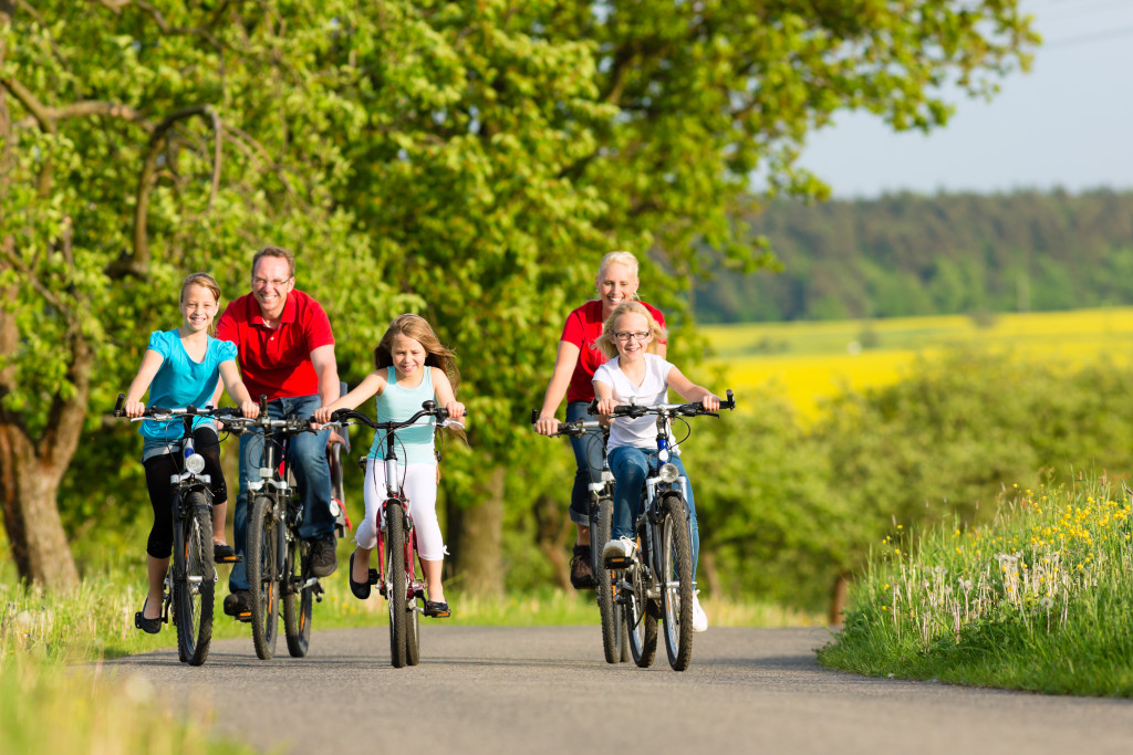 happy family biking together