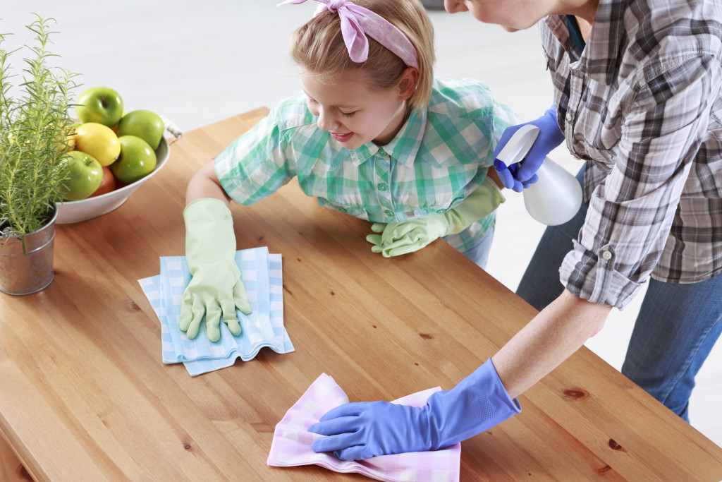 mother and daughter doing a cleaning