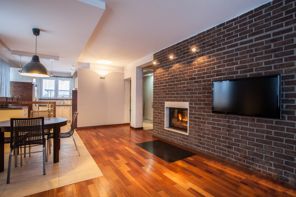 home with brick wall and fireplace